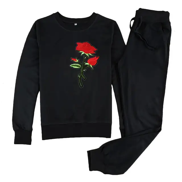 Autumn Winter Two-piece Tracksuit Jogging Suits For Women Sport Suits With Rose Flower Embroidery Running Sweat Pants Sportswear