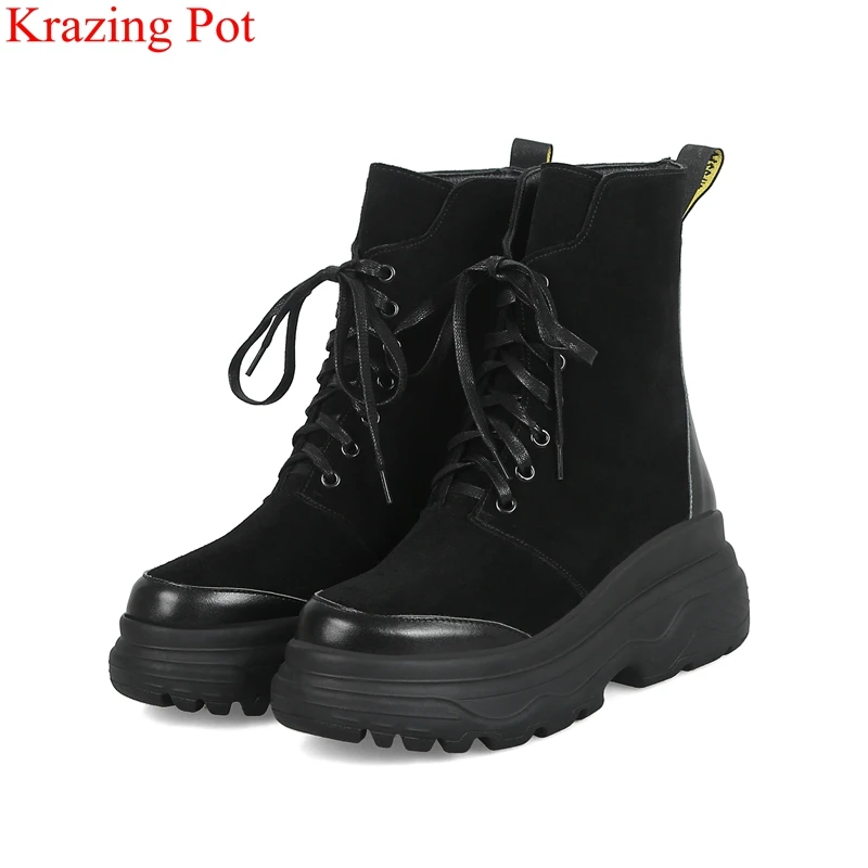 

2018 fashion cow suede platform lace up solid keep warm winter shoes round toe high heels concise runway women ankle boots L28