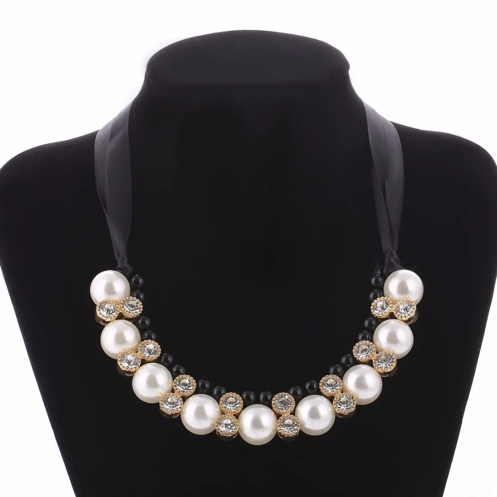 KMVEXO имитация жемчуга Чокеры ожерелье белый черный бисер Стразы Лента ожерелье s& Подвески массивное ожерелье для женщин
