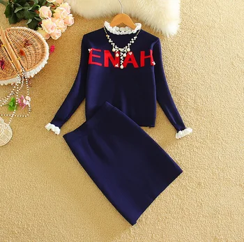 

Print Letter ENAH Spring Brand Women Knitting Sets Lady Office Pullovers Tops and High Waist Skirt Elegant 2 Pieces Set LY889