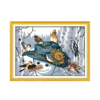 

Winter snow handmade DIY sewing embroidery cross stitch, forest snowman and birdie DMC embroidery stitch cross stitch painting