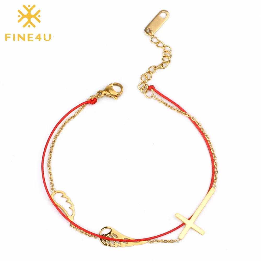 

FINE4U B139 Double Layer Link Chain Bracelets Cross Charm Bracelet For Women Simple Rope Chains Jewelry