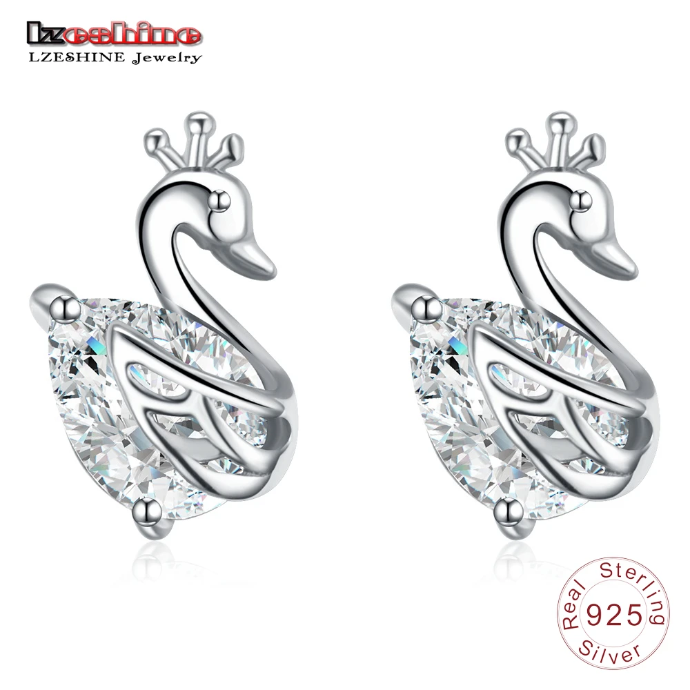 LZESHINE Elegant Authentic S925 Sterling Silver Earrings Swan AAA Zircon Inlay Stud For Women Engagement Jewelry Gift | Украшения и