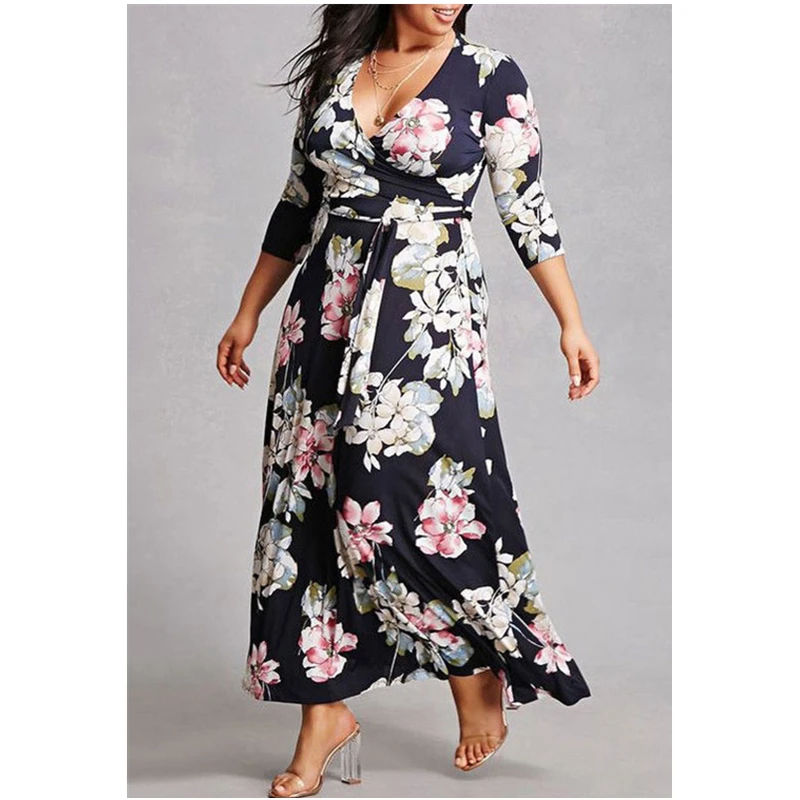 

Plus Size Floral Print Bandage Women Long Maxi Dress Party Evening Boho Casual Long Sleeve Dress Holiday L XL XXL XXXL 4XL