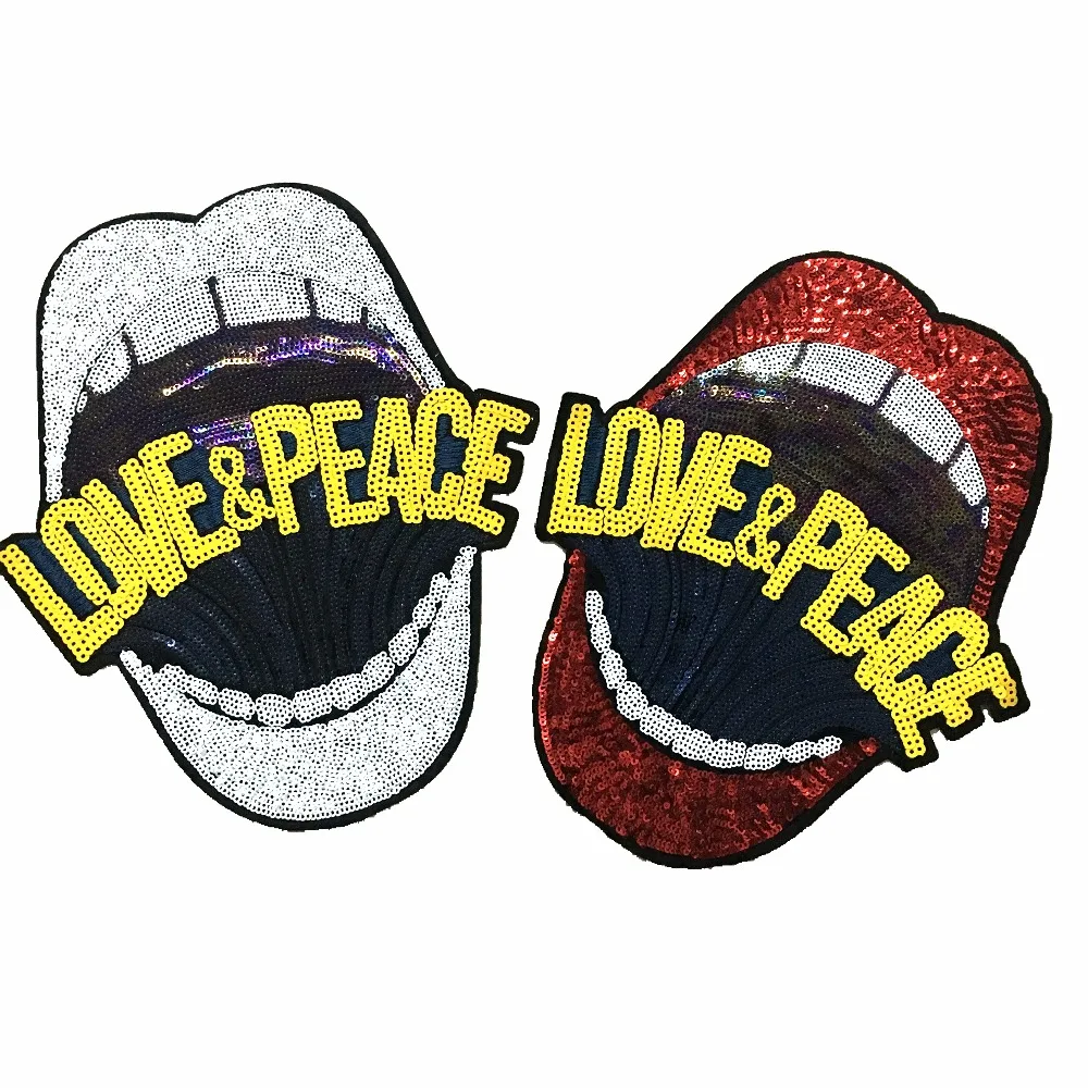 

Large LOVE & PEACE Lips Patch Sew/Iron on Applique for Clothes Mouth Embroidery Sequined Patches DIY Decoration Stickers 2PCS