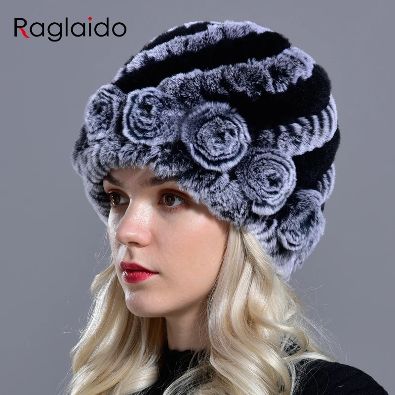 Raglaido, 7 цветов, зимние меховые шапки для женщин, настоящий кролик рекс, Цветочная женская шапка, шапка ручной вязки, вязаные меховые шапки LQ11174
