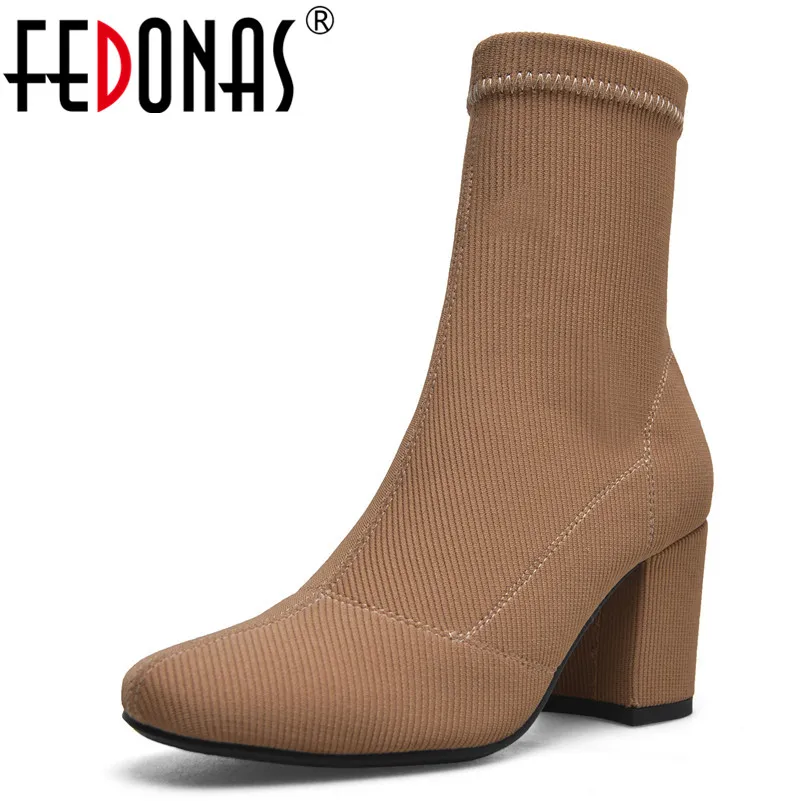 

FEDONAS Brand Square Toe High Heels Women Mid-calf Boots Solid Stretch Fabric Chelsea Boots Zipper Party Night Club Shoes Woman