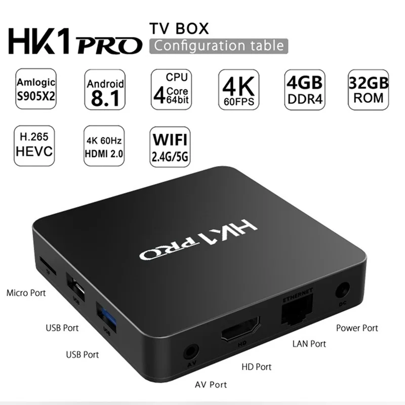 HK1 PRO Android 8.1 TV Box 4GB LPDDR4 64GB ROM  Amlogic S905X2 Quad Core USB 3.0 2.4G 5G WiFi Bluetooth 4K HD Smart Set Top Box