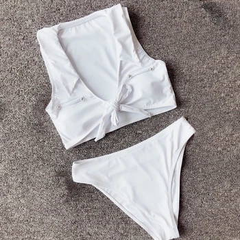 

New Tie Knot Front Bikini High Cut Swimsuit V Neck Bikini Set Push Up Bandage Swimwear Women 2018 Female Bathing Suit Beach Wear