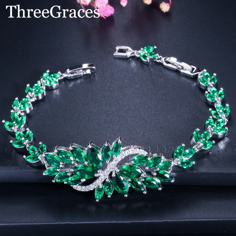 

ThreeGraces Luxury Green 925 Silver Big Marquise Cut Cubic Zirconia Bracelets Bangles CZ Jewelry For Women Wedding BR075