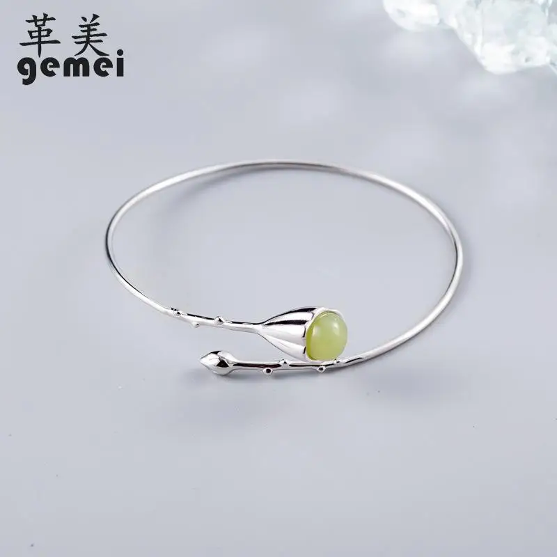 

Gemei 100% 925 Sterling Silver Green Natural Stone Lotus Open Bangle For Women Fashion Party Jewelry