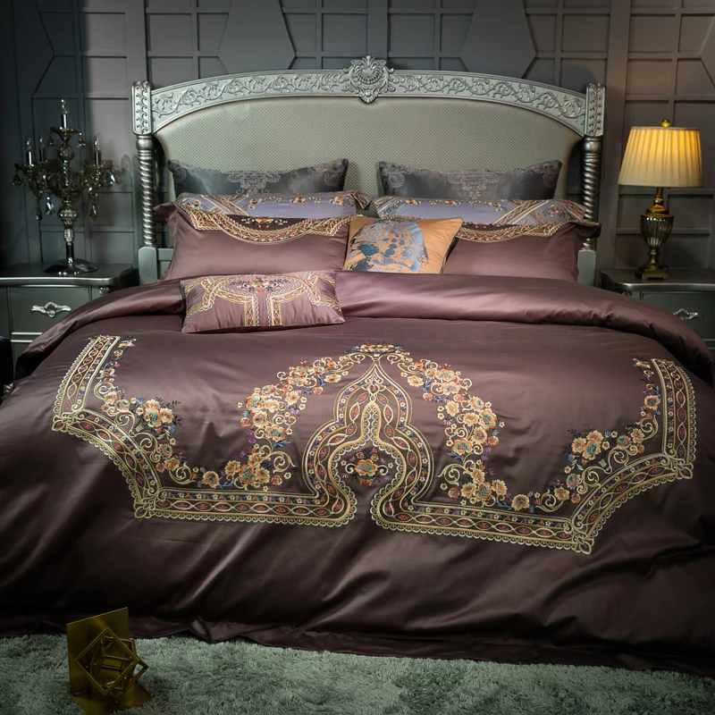 

4 Pieces King Size Bedding Sets Queen Size Europe Style Flower Embroidery Duvet Cover Set Pillow Cases Flat Sheet Bed Linen