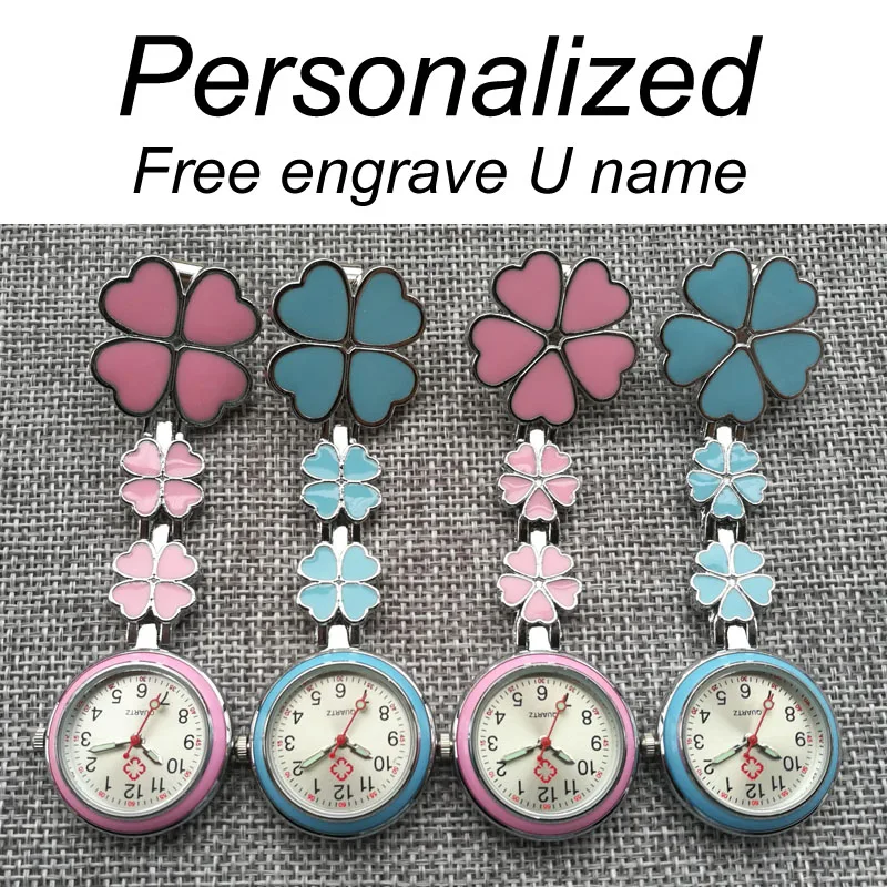 

Personalized Customized FREE Engraved With U Name Clip Lucky Four Leaf Clover Lapel Pocket Watch Fob Nurse Watch