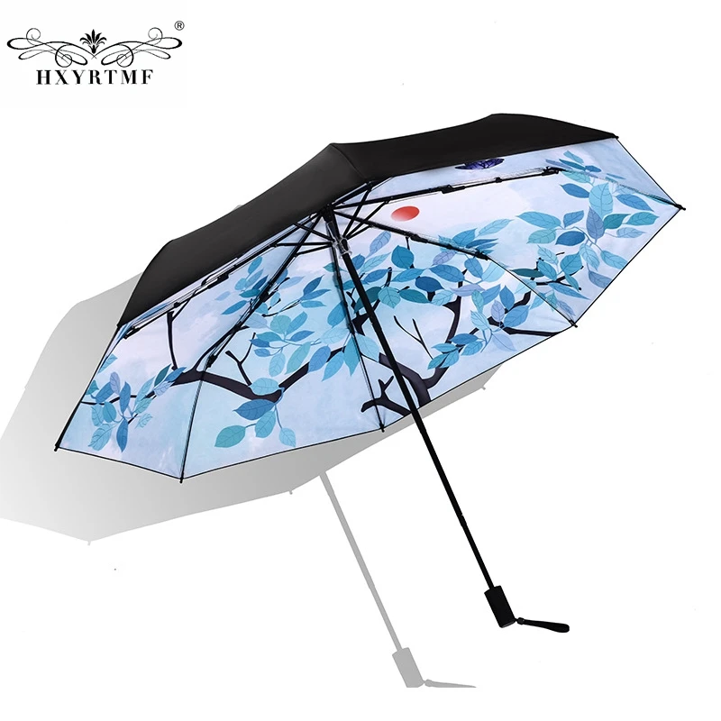 Creative Printed Black Vinyl Anti UV 3 Folding Women Umbrella Sunny