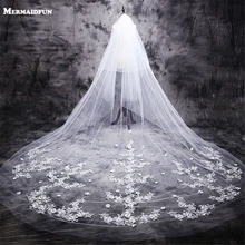 Новинка,, velos de novia, 3 метра, 2 года, белая и слоновая кость, Кружевная аппликация, стразы, фиолетовые, Длинные Соборные Свадебные вуали с расческой