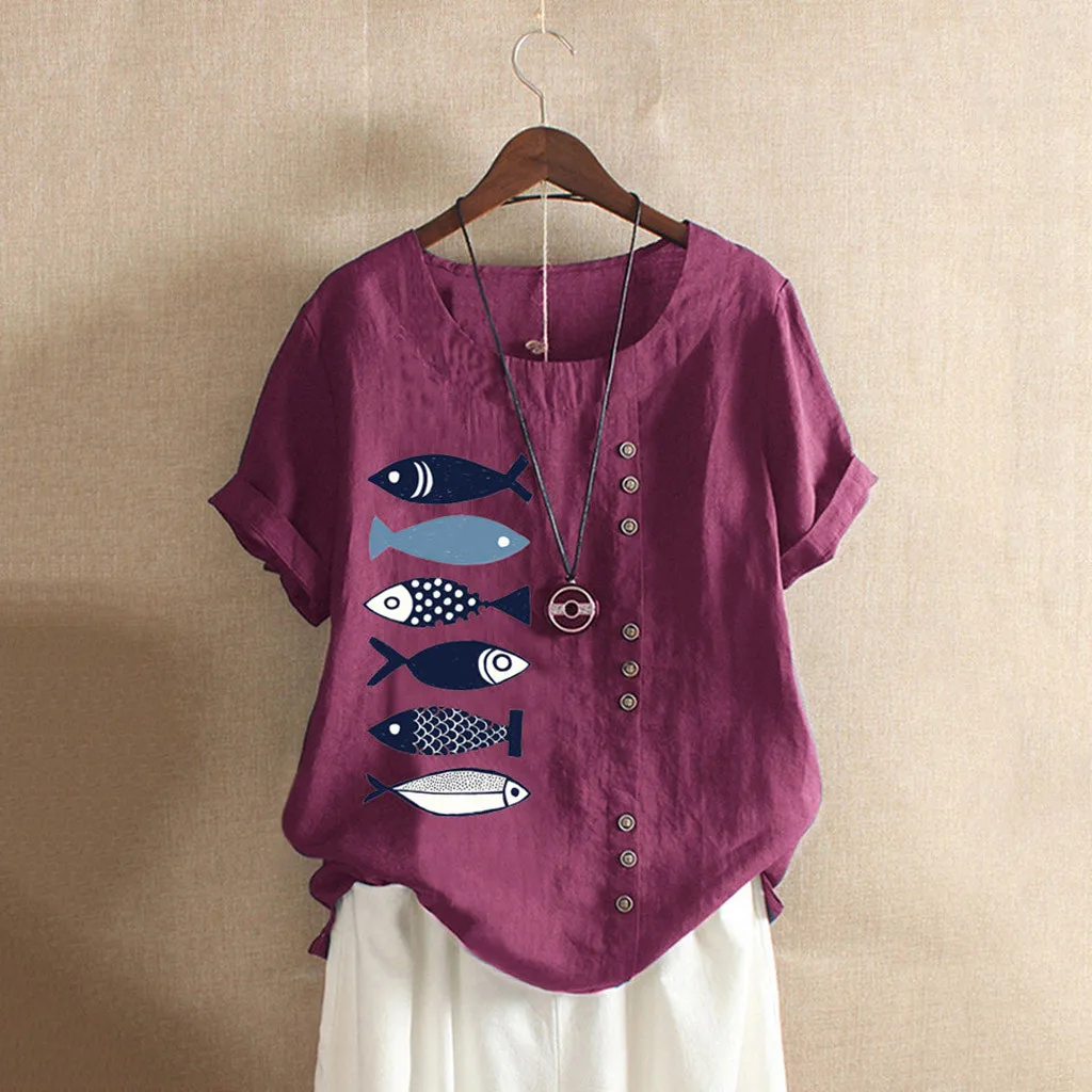 

2019 Womens Shirt Fashion Cartoon fish Print T-Shirt Short O-Neck Sleeve Linen Loose Button Tunic Shirt Tops L703