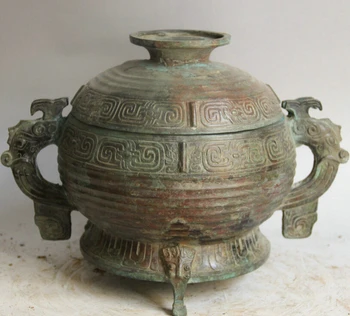 

song voge gem S2155 12" Old Chinese Bronze 3 Foot Beast handle food Ware vessel Wine Pot Jar Crock