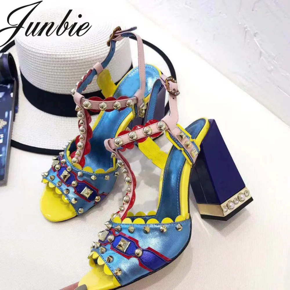 

JUNBIE New Genuine Leather Metal Studded Summer Sandals Open Toe Thick Heel Pearl Beading HIgh Heel Sandals Shoes Women