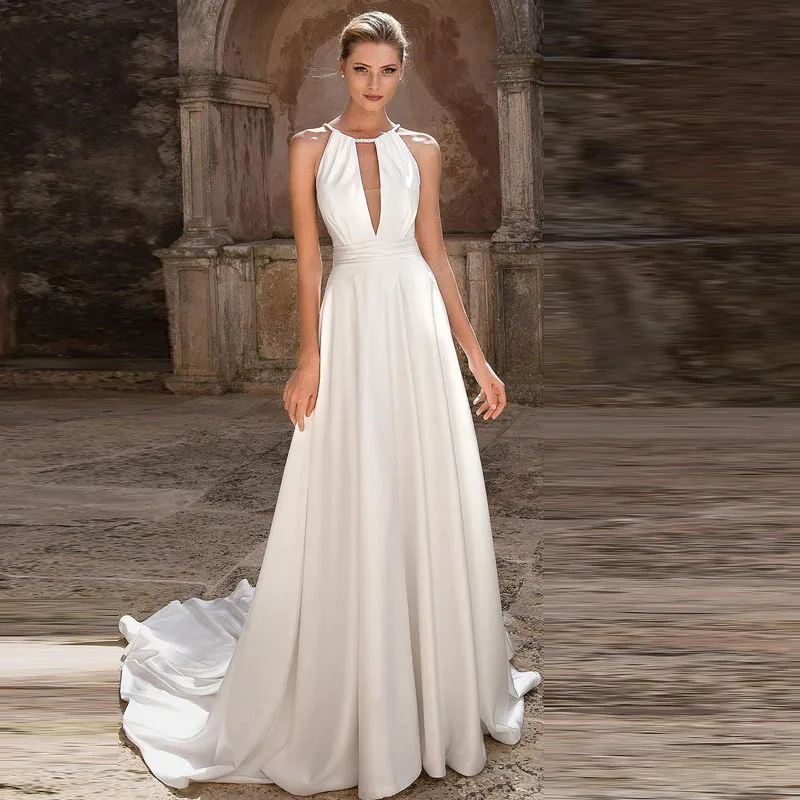 

Eightree Halter Neck Evening Dress Keyhole Back Simple Elegant Prom Dress Wedding Party Grecian Modified A-line Chapel Train