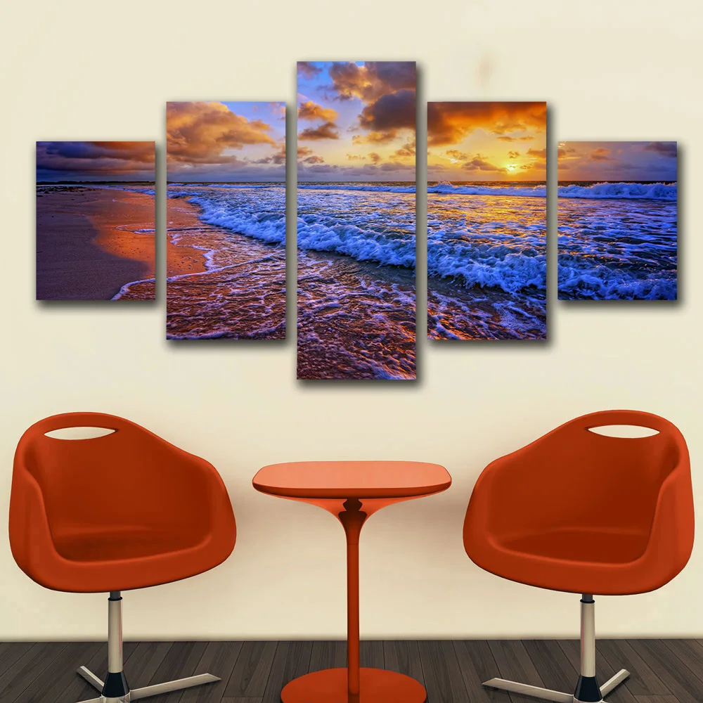 2017 Wall Art Холст Картины маслом 5 шт. пляж облака океан песок закат волна печать