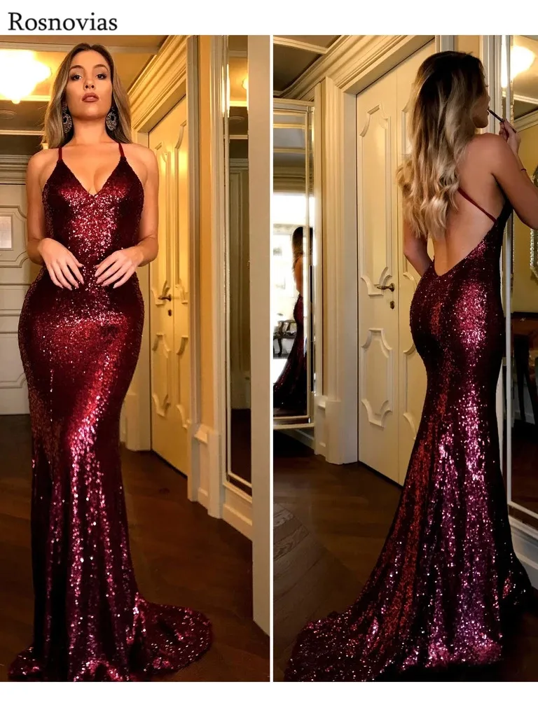 

Sexy Sparkle Evening Dresses 2019 V Neck Backless Sweep Train Formal Prom Party Gowns Customized Mermaid Evening Dresses Long