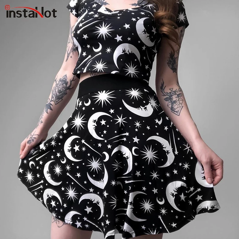 InstaHot Star Moon Printed Skirts High Waist Gothic Stretchy Pleated Skirt Harajuku Casual Punk Mini Black Skirts Summer Fashion