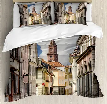 

European Duvet Cover Set Heidelberg Old City Streets Picturesque Town with Medieval Architect Panorama 4 Piece Bedding Set