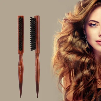 

3 Row Teasing Hair Brush Tapered Wooden Handle With Pinch Grip for Control Staggered Length Boar Bristles Brush