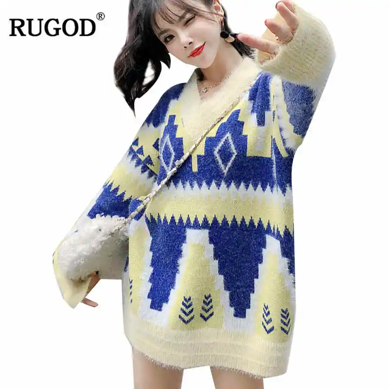 RUGOD Female Fashion V-Neck Sweater 2019 Autumn New Geometric Knitted Casual Batwing Sleeve Oversized Pullovers Sueter Mujer | Женская