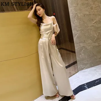 

Summer New Women's Suits Satin Gloss Sleeve Design Halter Slim Sling Top + High Waist Belted Wide Leg Pants Set