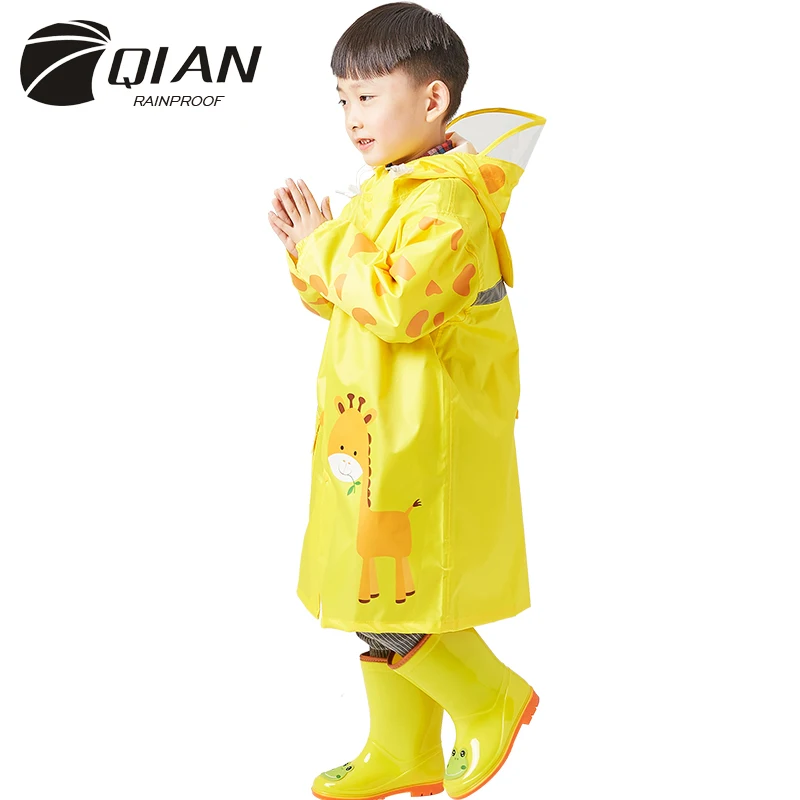 QIAN 3-10 Years Old Kids Raincoat Waterproof Boys Girls Hooded Rain Coat Cartoon Sleeves School Tour Colorful Rain Poncho Suit