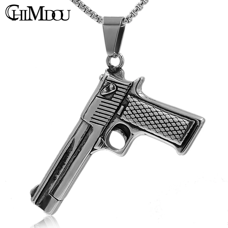 

CHIMDOU punk hip hop boy man Pistol Handgun necklace,men stainless steel long chain silver color men colar jewelry