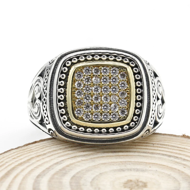 925 пробы Серебряное мужское кольцо с прозрачными кубическими геометрическими квадратными полыми резными винтажными кольцами для мужчин Панк модное ювелирное изделие