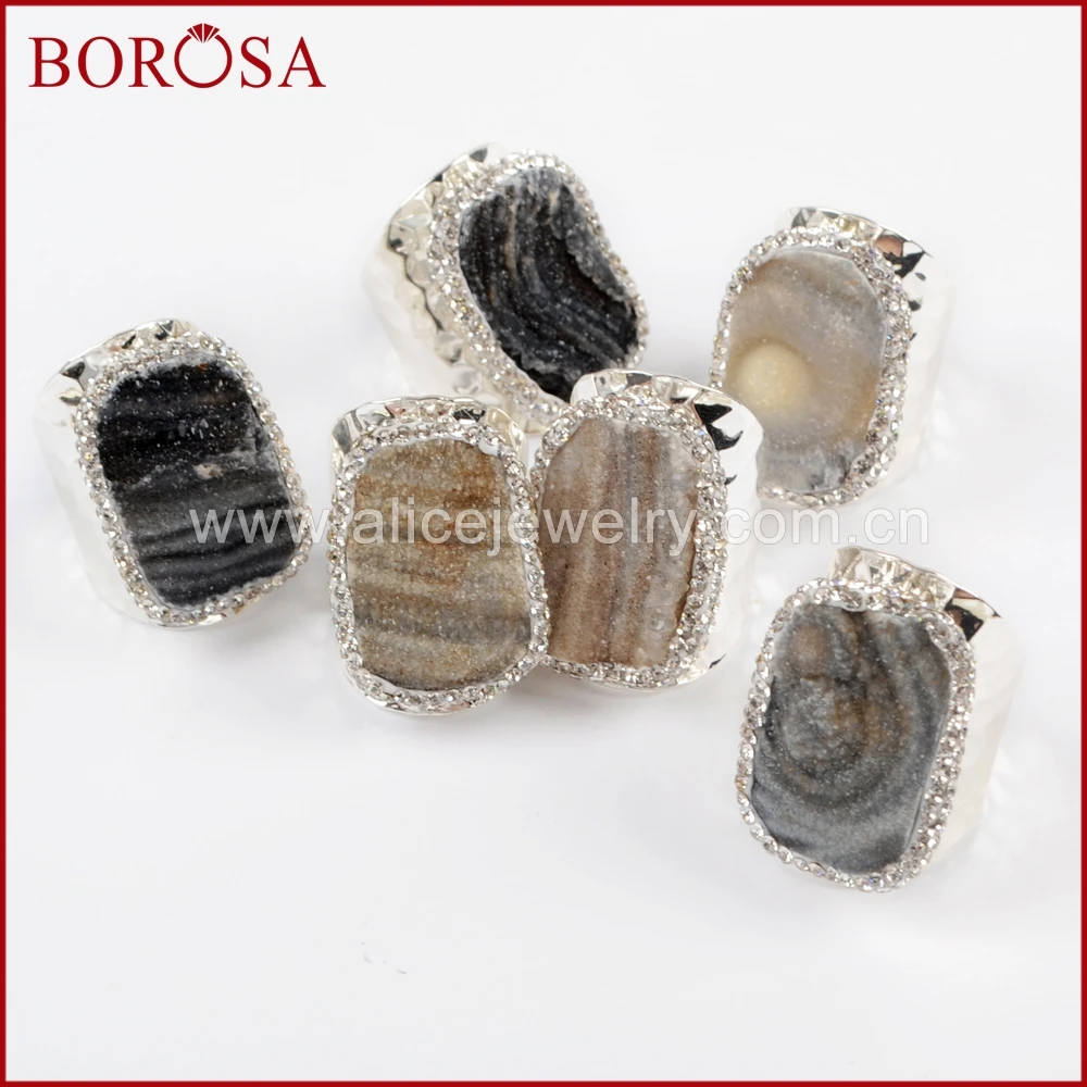 

BOROSA Druzy 5/10PCS Freeform Brazilian Galaxy Quartz Silver Band Ring Crystal Paved Zircons Natural Quartz Rings Jewelry JAB917