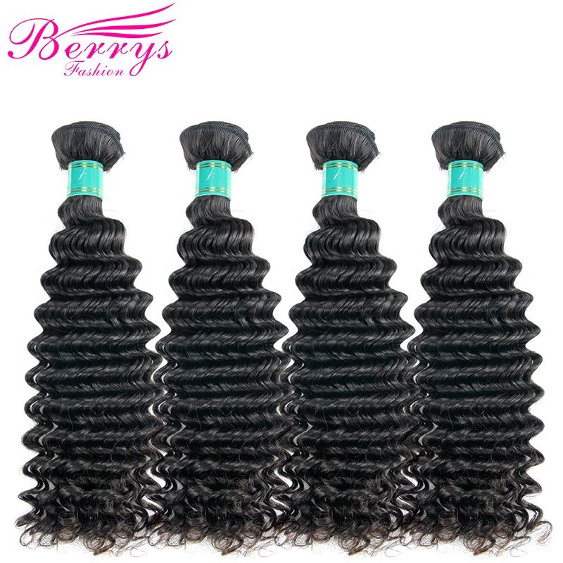 

Brazilian Virgin Hair Deep Wave 4 Bundles Unprocessed Human Hair Weaving 10-28 Inch Natural Black Color Berrys Fashion Hair Weft