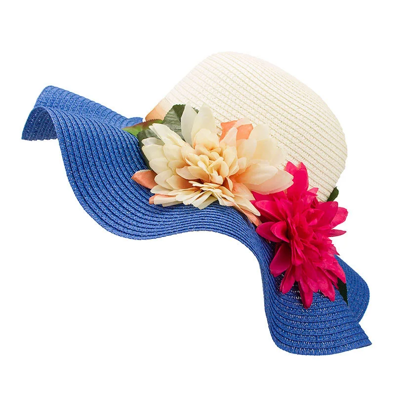 Flower Large Brim Floppy Straw Hat Women Contrast Summer Traveling Beach Sun Hats Fashion Leisure Big Brimmed Wavy Caps CP0205 (1)