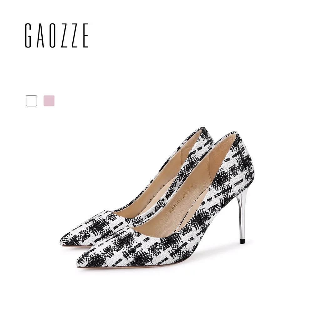 

GAOZZE Fashion British Style Knitted Plaid Cloth Pointed Toe Sexy Stiletto High Heels Women Pumps Party Shoes 2018 Spring New