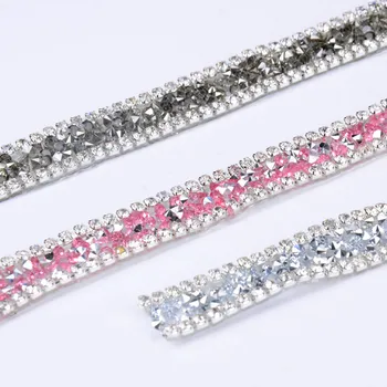 

free ship 5yards/lot Rhinestones beaded Chain Iron on Hotfix Crystal rhinestone Chain Applique Lace Ribbon Trim For WeddingDress