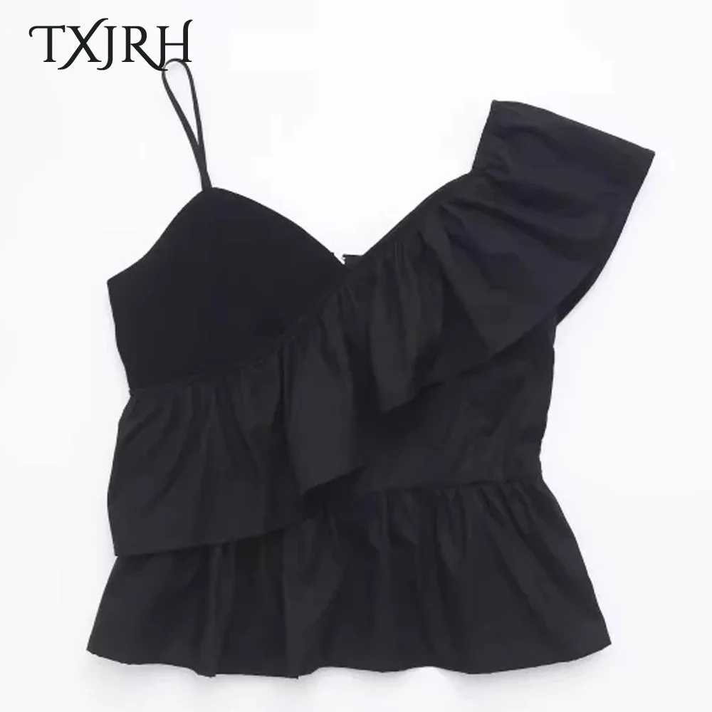 

TXJRH Sweet Chest Ruffles T-Shirt Deep V-Neck Pullover Off The Shoulder Fashion Women Slim Casual Pleated Hem Tee Tops 2 Colors