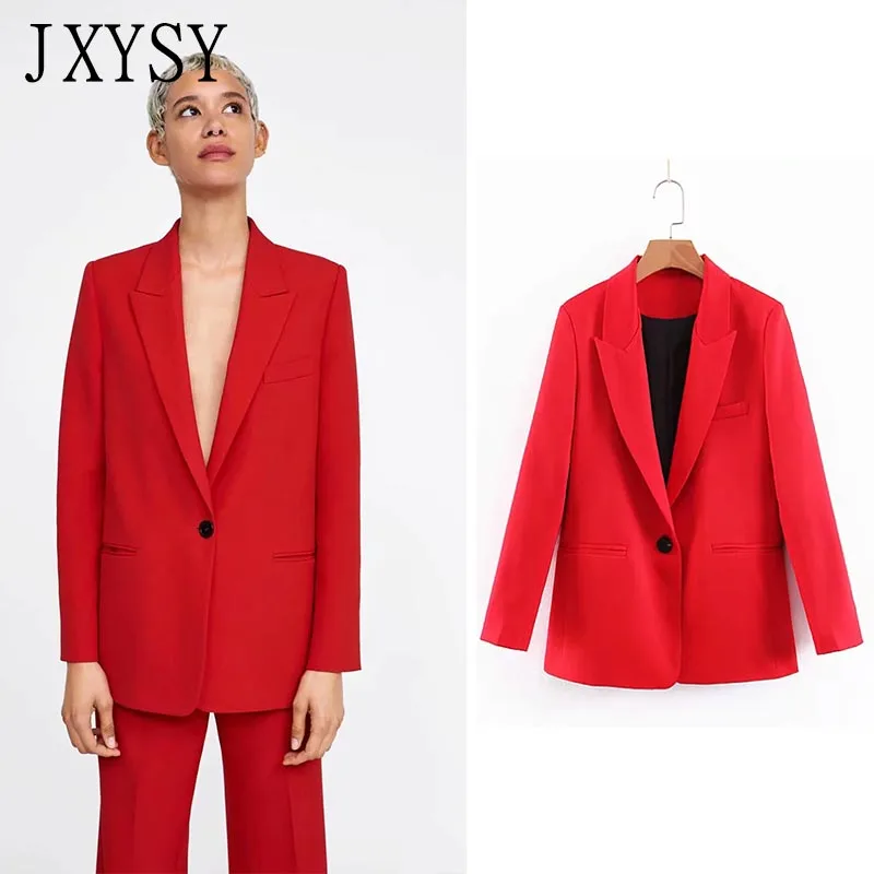 

JXYSY Za Women Elegant Blazer And Jackets Single Button Pockets Long Sleeve Red Female Casual Coats Blazer feminino Chic Tops