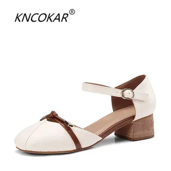 

KNCOKAR 2018 Summer new style ladies fashion leisure comfort square baotou pure color thick heel big size grandma shoes