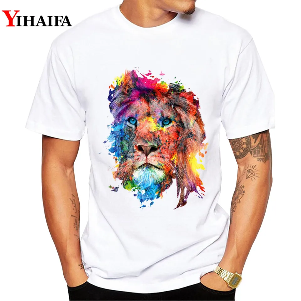 

Summer Men T-Shirt suit gym Print Fashion Colorful Painted Lion Graphic Tees Shirt Short Sleeve Hipster Tops