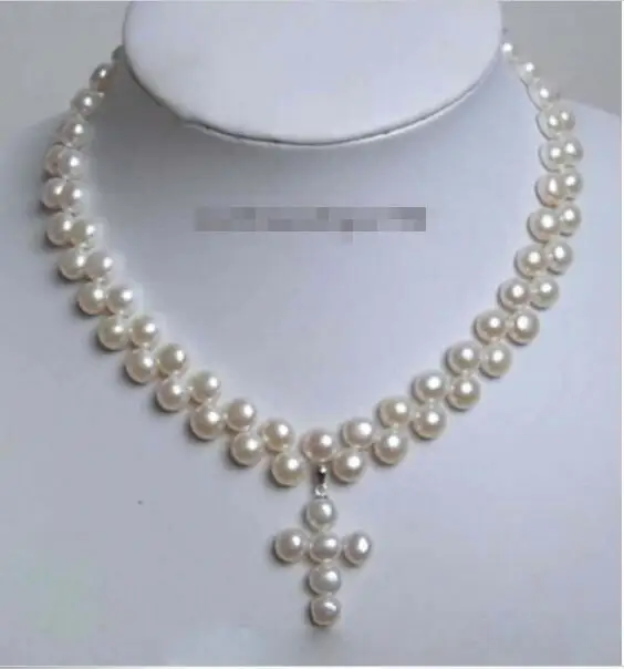 

Hot sale new Style >>>>>Charm 2 Rows Genuine White Pearl 18KWGP Cross Clasp Pendant and Necklace