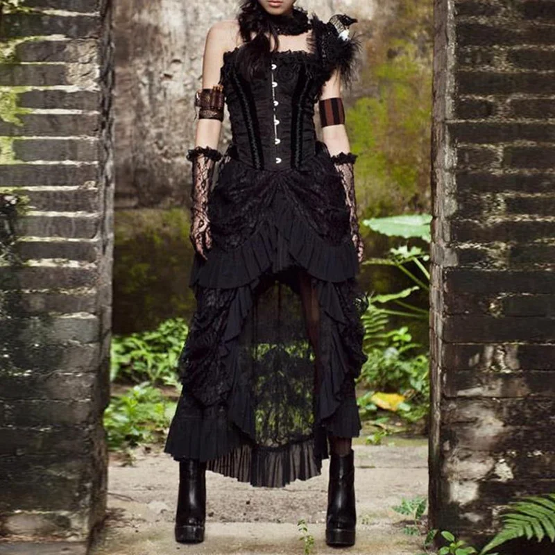 Plus Size Steampunk Gothic Vintage Skirt Women Victorian Lace Ruffle Lolita Skirt Retro High
