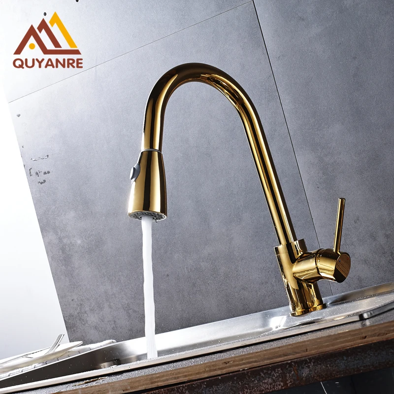 

Pull Down Golden-plated Kitchen Mixer Faucet Dual Function Sprayer Head Bathroom Sink Water Tap