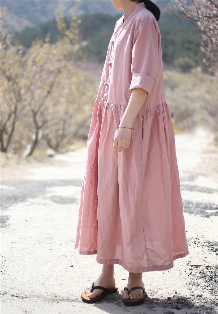

5 Solid Colors Retro Long Frog Buttons Three Quarter Sleeve Pure Ramie Linen Dress, Summer Fit and Flare Cool Breathable Robes