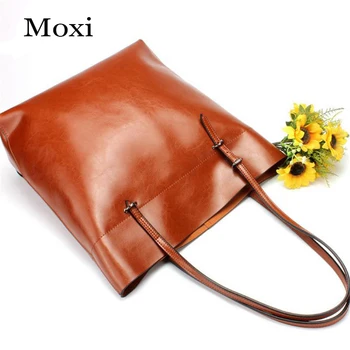 

New Genuine Leather Handbag Female Oil Wax Shoulder Bag Ladies High capacity Casual Shopping Bag Fashion Women Bucket Style Bag