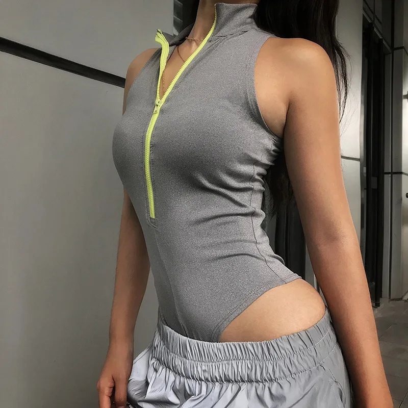 

Women Workout Suits New Arrival 2019 Bodysuit Front Zipper Stretchy Bodycon Sleeveless Sexy Fitness Gym Yoga Sport Body Suit 50