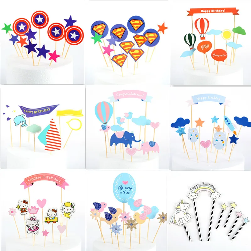 

9 Styles Cartoon Hot Air Balloon Toothpick Amusement Park Cake Topper Party Decorations Happy Birthday Baby Shower DIY Pink Deco