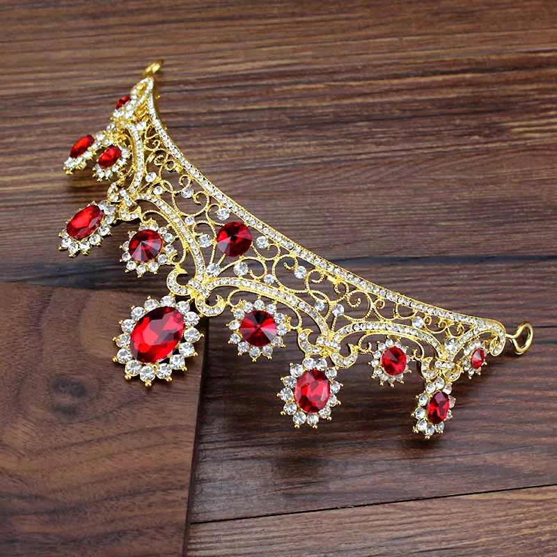 Винтажная свадебная диадема в европейском стиле, украшенная красными кристаллами и жемчугом, диадема принцессы для девочек, диадема, стразы, свадебная корона, украшения для волос - Окраска металла: prom crown